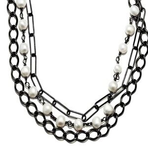 Messy Layered Pearl Necklace Gunmetal Black Rhodium Plated Sterling Silver